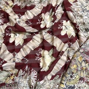 DIOR Italian 🇮🇹 SILK Scarf 32” Floral Ribbon BURGUNDY Brown Neutrals Gold EUC